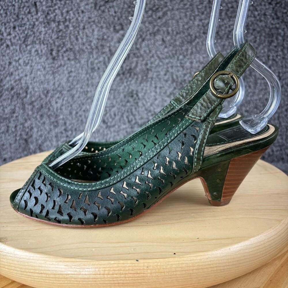 Frye Maya Slingback Pumps Womens 8 Leather Green Peep Toe Cuban Heel Shoes   Con